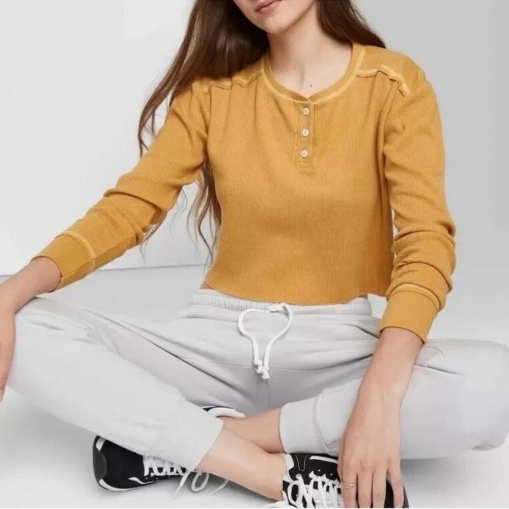 Wild Fable Mustard Button Waffle Knit Crop Top